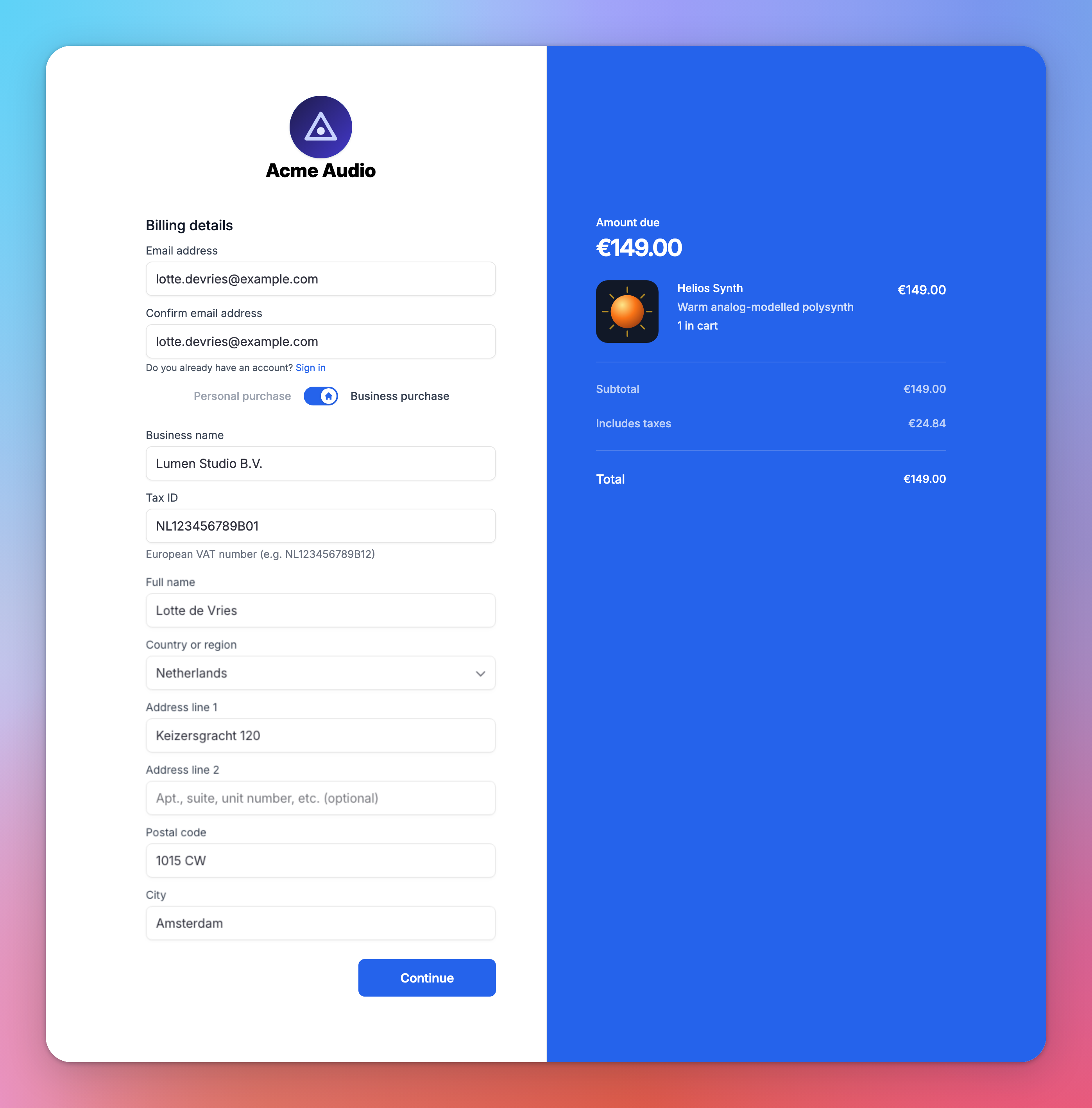 The Billing details step of checkout with Business purchase switched on: email, Business name, Tax ID, then the name and billing address fields