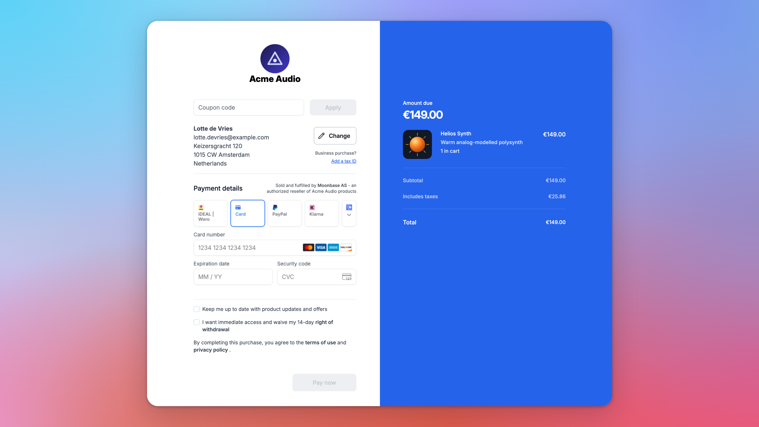 The payment step of checkout for a customer in the Netherlands: Sold and fulfilled by Moonbase AS, the payment form with iDEAL, Card, PayPal and Klarna, the right of withdrawal checkbox and the order summary with the included tax