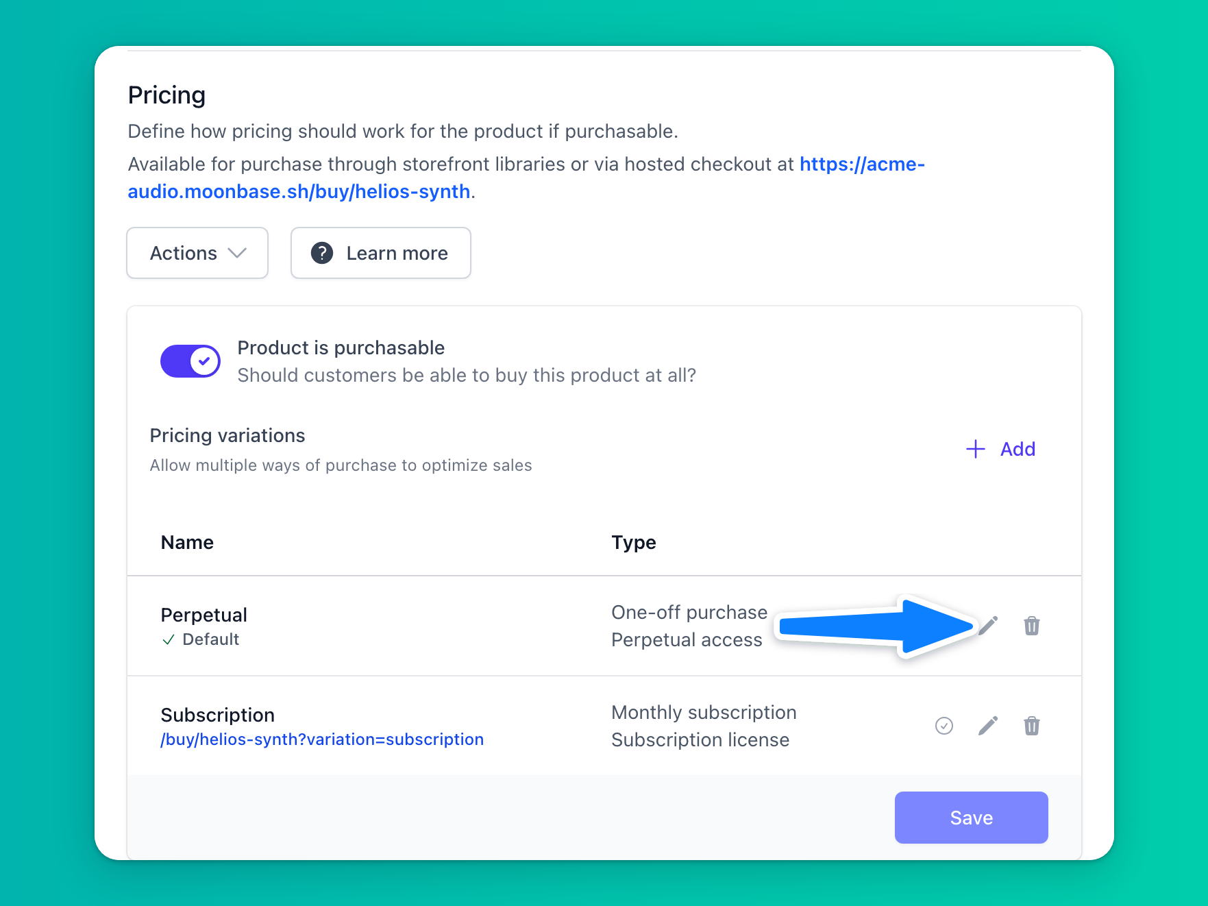 Pricing section with perpetual and subscription variations and an arrow at the Perpetual variation's edit button