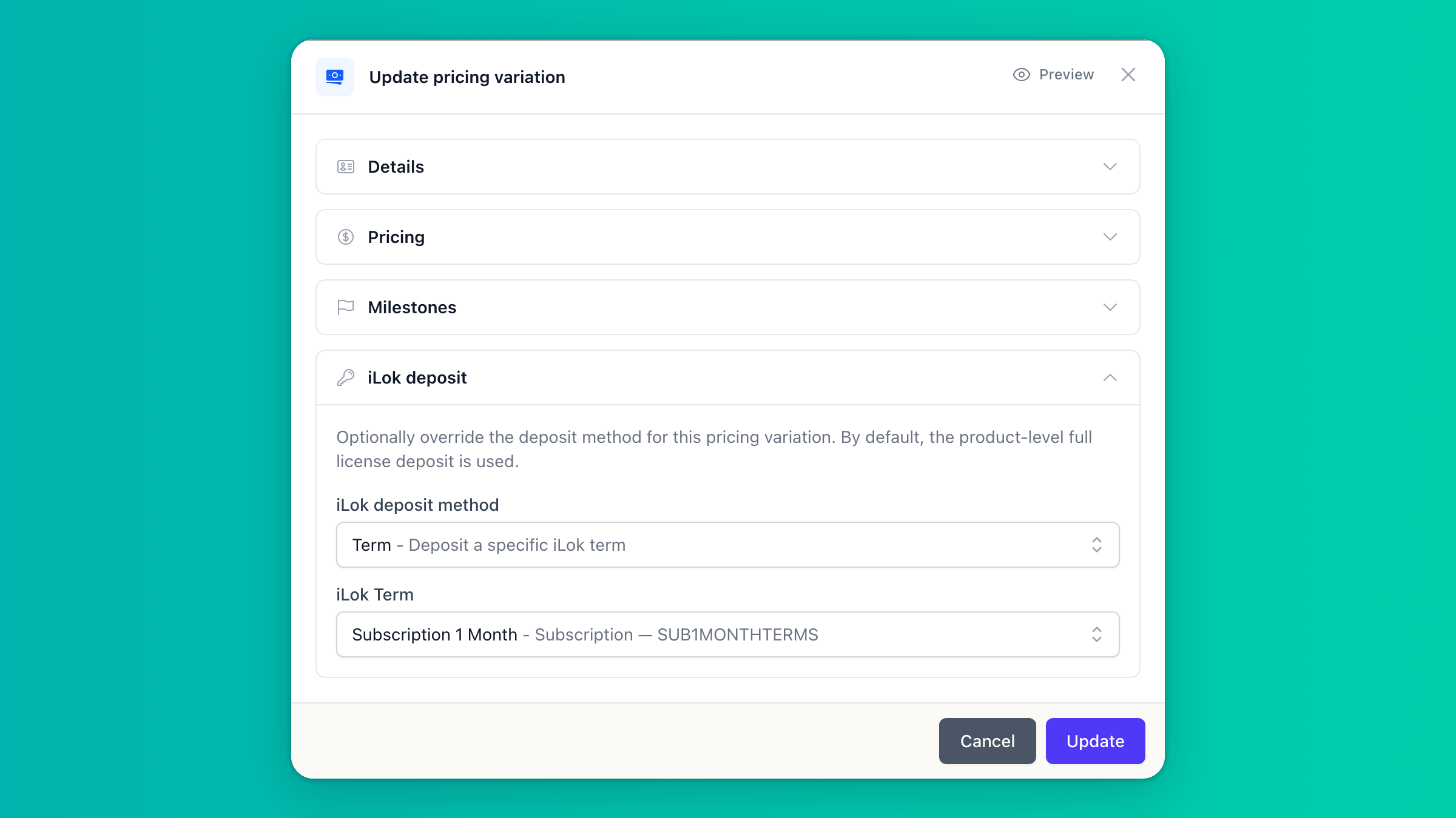 Update pricing variation dialog with the iLok deposit section open, depositing the Subscription 1 Month term