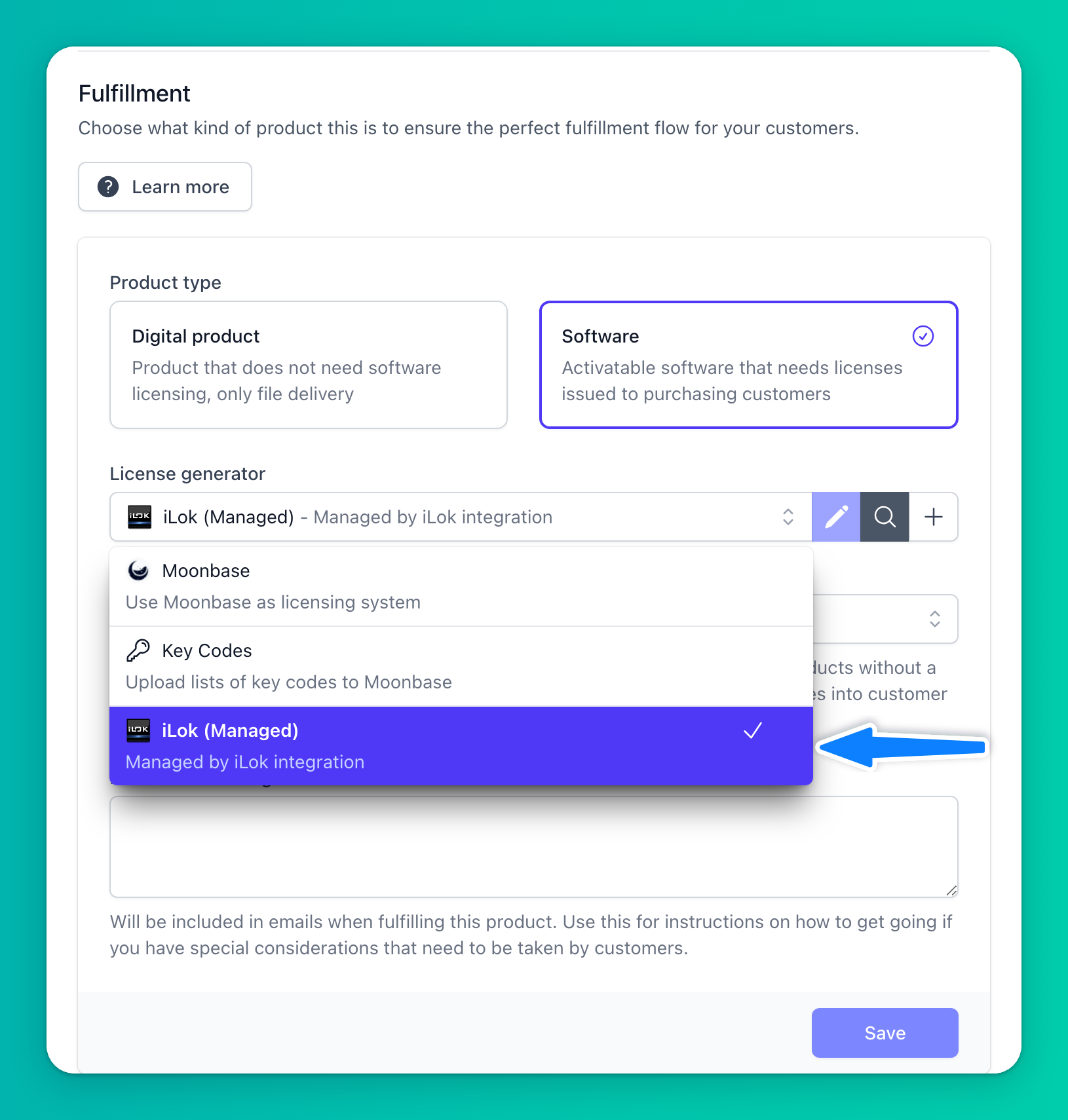 Fulfillment section with the License generator list open and iLok (Managed) selected