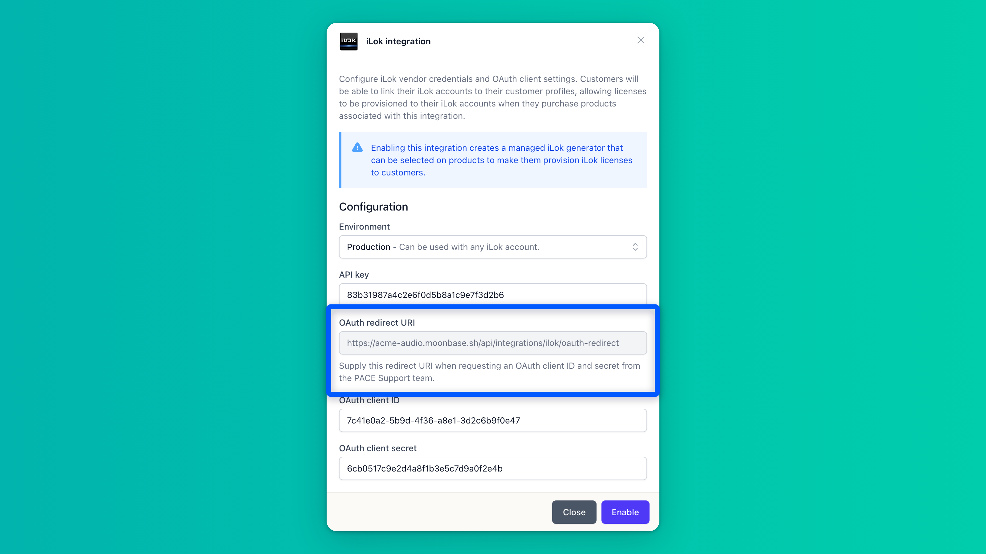 iLok integration dialog with environment, API key and OAuth client fields, the OAuth redirect URI highlighted