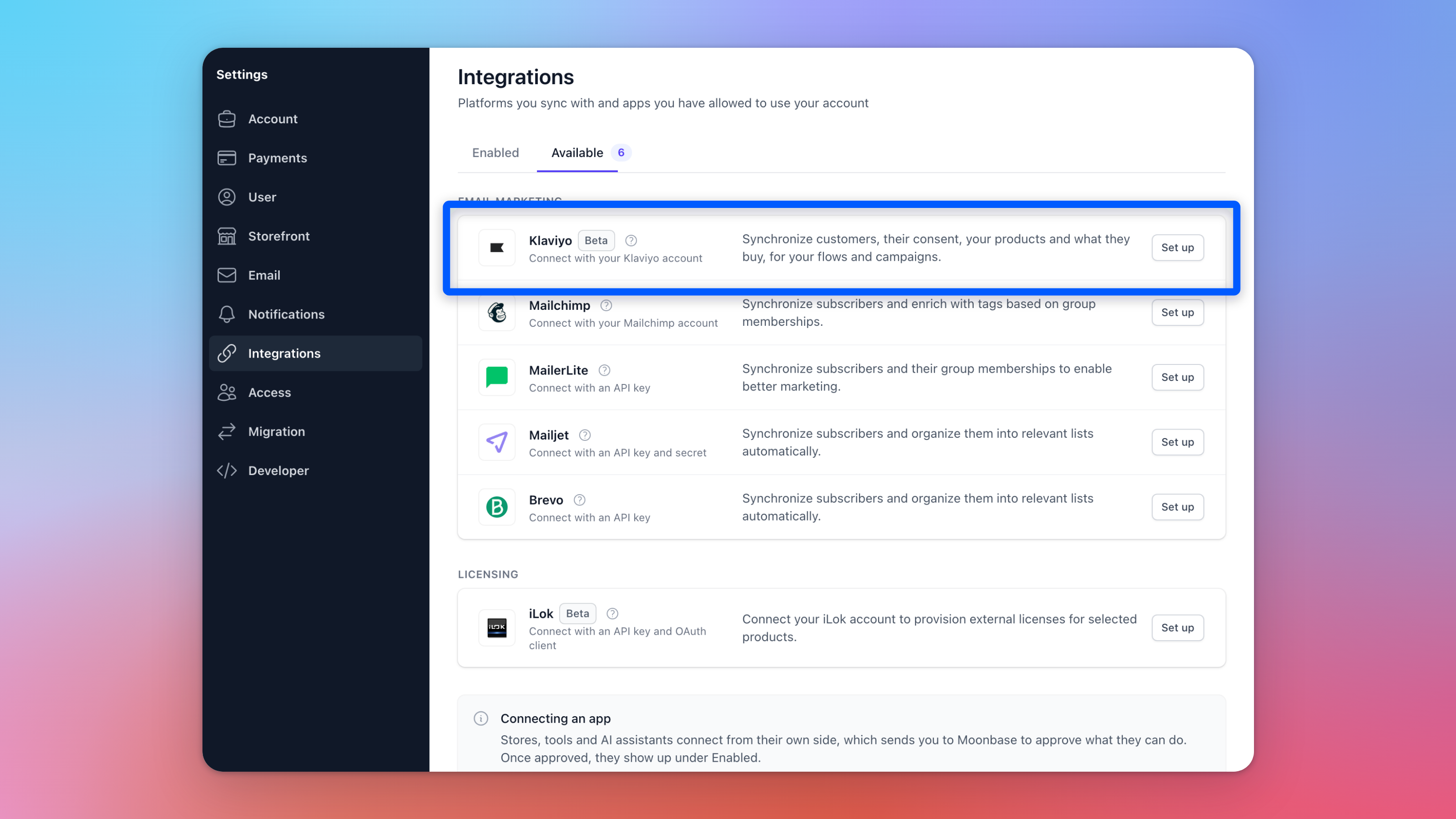 Account settings, Integrations, on the Available tab, with the Klaviyo row and its Set up button highlighted