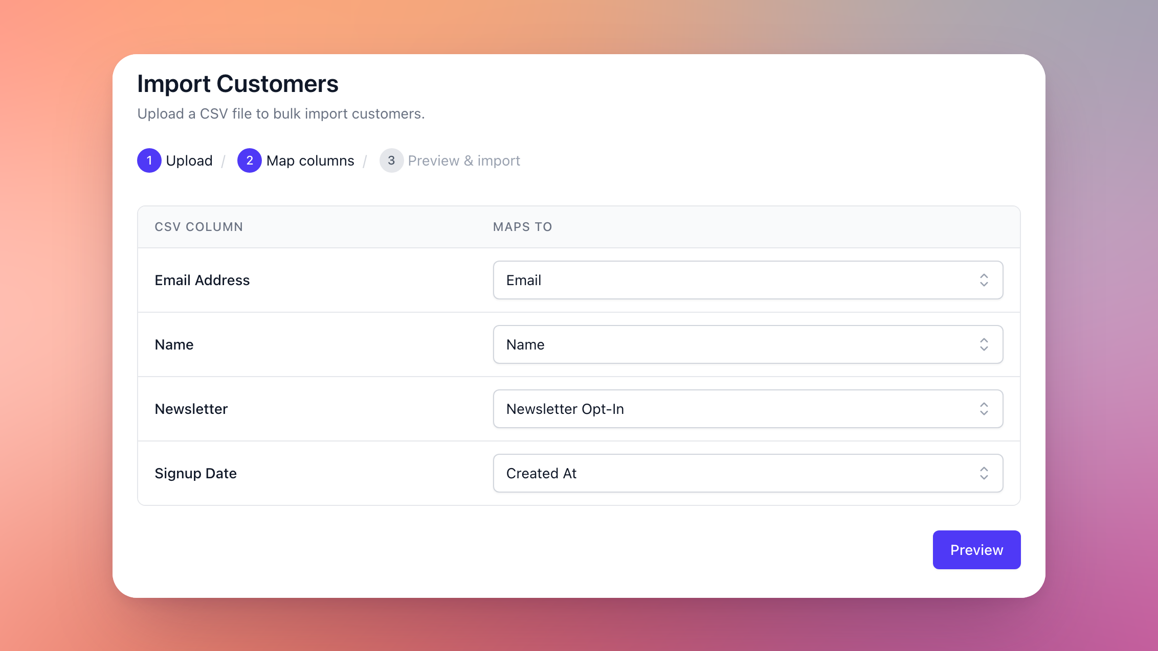 The column mapping step, with Email Address, Name, Newsletter and Signup Date mapped to Email, Name, Newsletter Opt-In and Created At