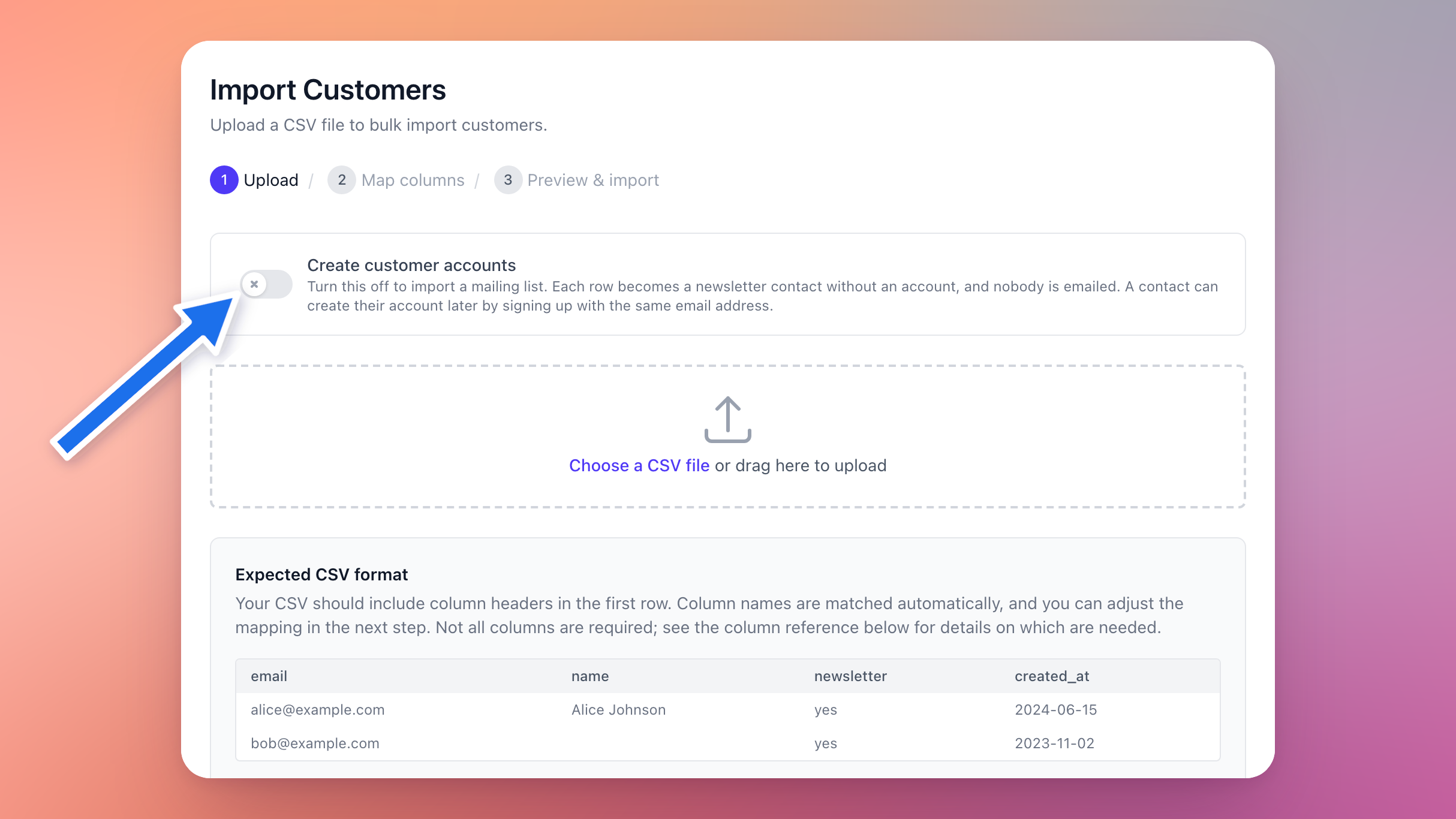 The first step of Import Customers, with Create customer accounts turned off above the file upload