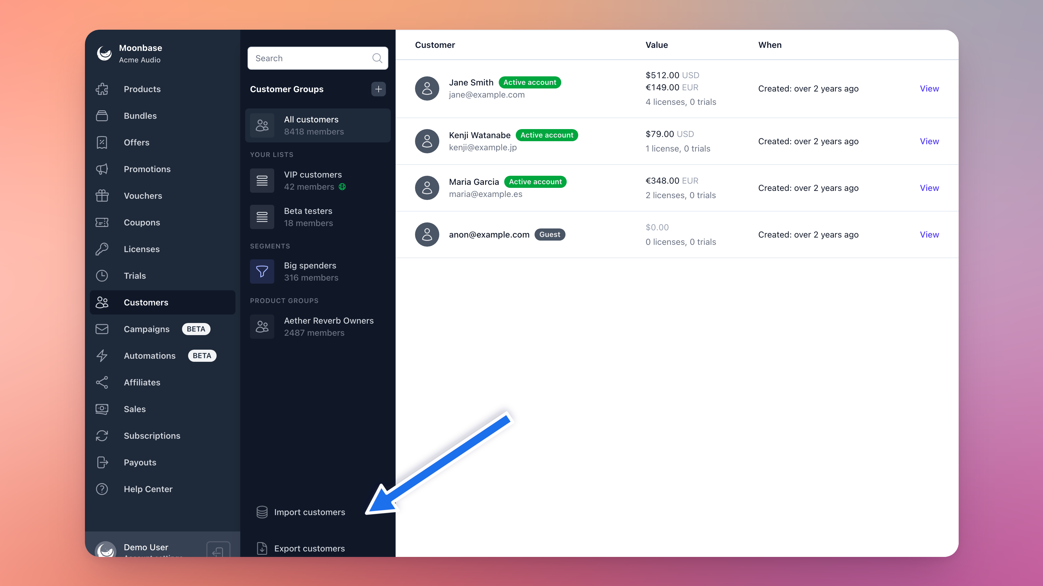 The Customers page, with Import customers at the bottom of the list of customer groups