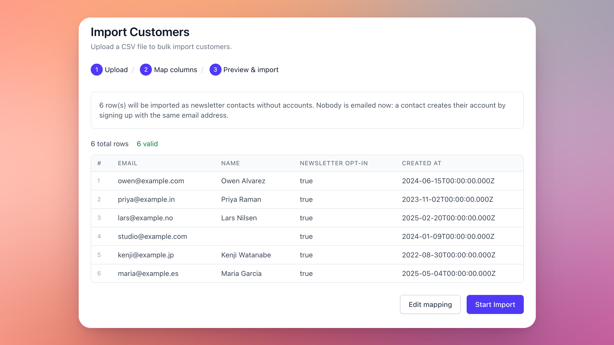 The preview step, saying 6 rows will be imported as newsletter contacts without accounts, above the rows and the Start Import button