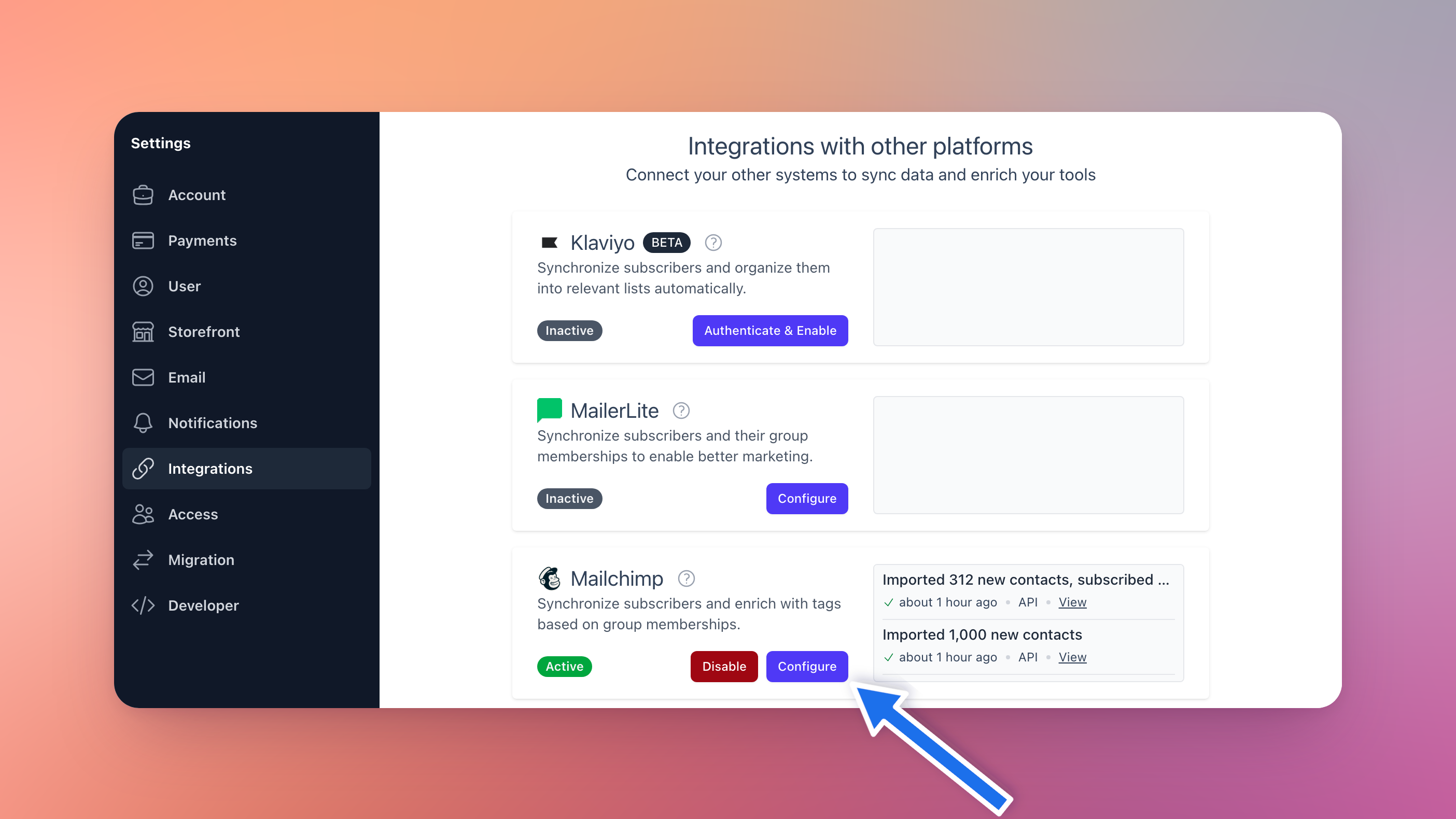 Account settings, Integrations, with Mailchimp active and its Configure button