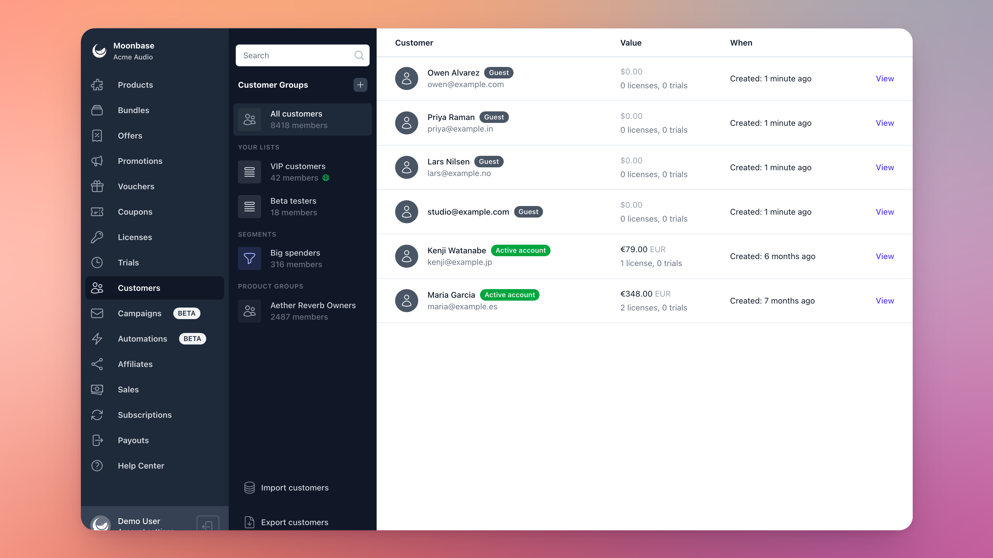 The Customers page after an import, with the new subscribers marked Guest above two existing customers with an active account