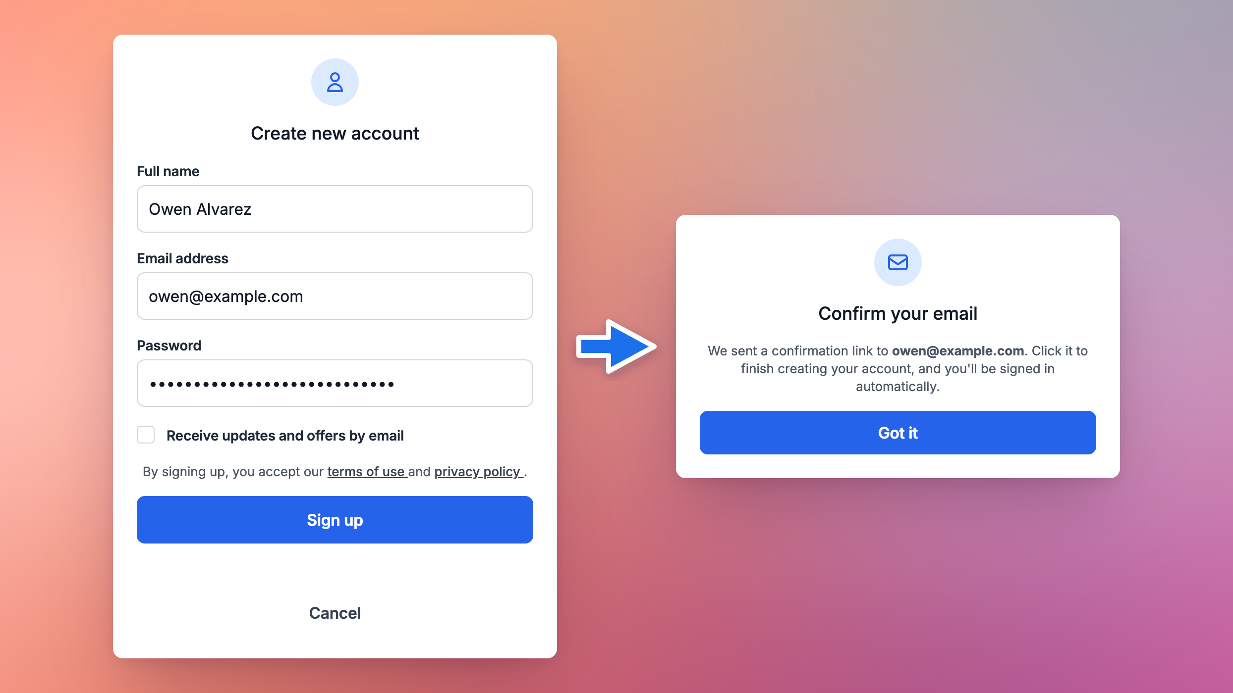 The customer portal's Create new account form filled in, and the Confirm your email message that follows it