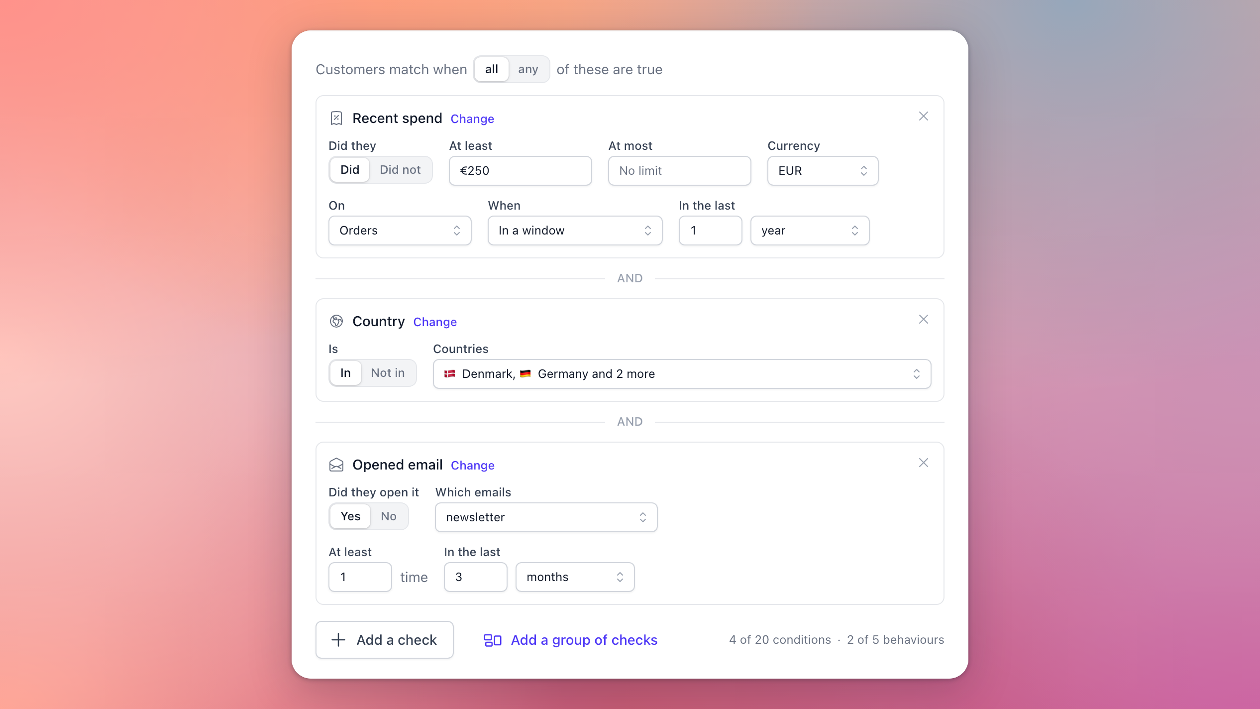 A segment's rule matching customers who spent at least 250 EUR in the last year, live in four countries, and opened a newsletter in the last three months