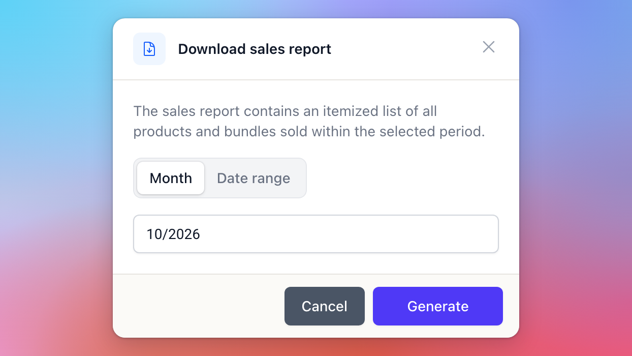 The Download sales report dialog with Month selected and the Generate button