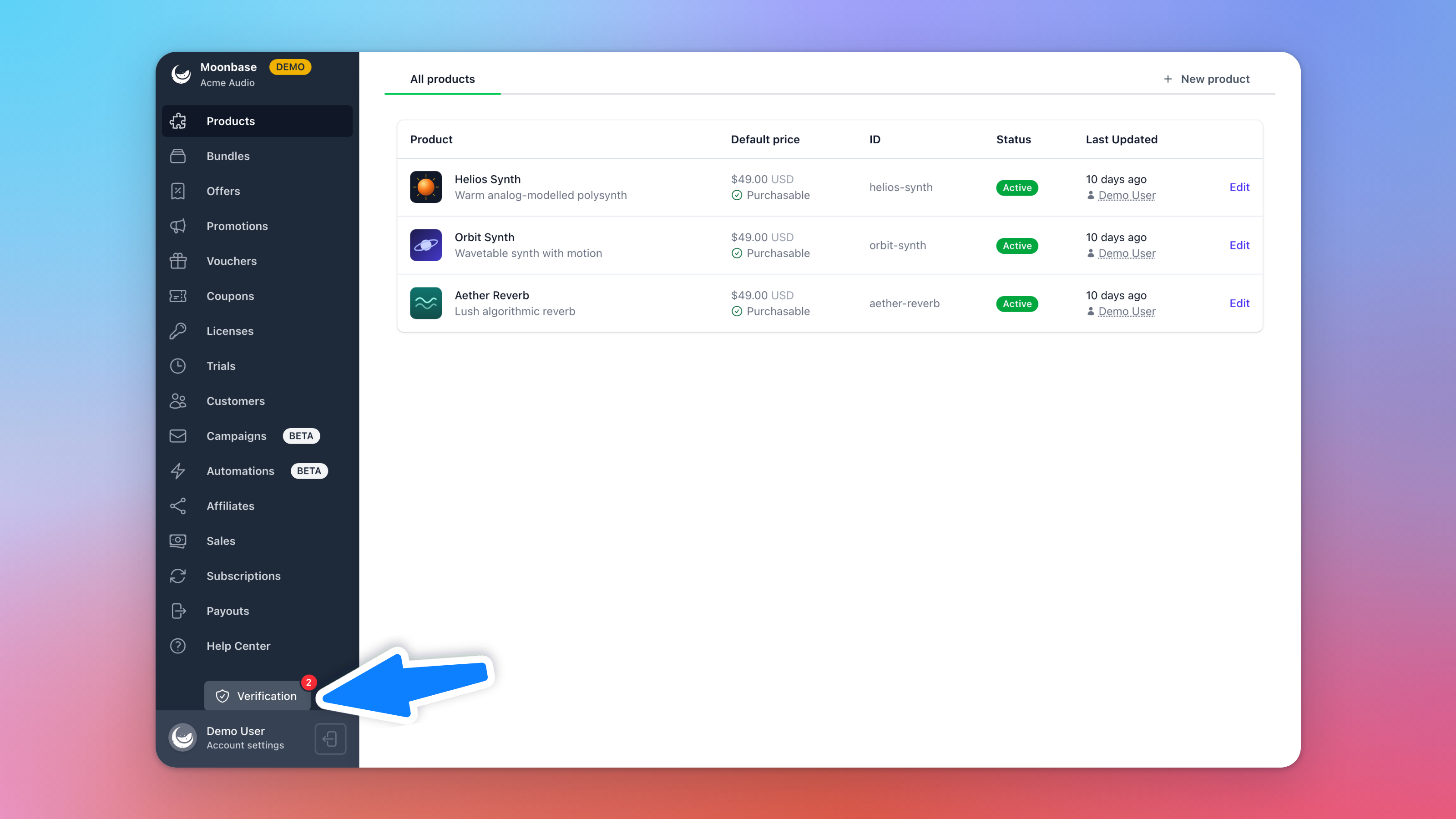 The Products page of a demo account, with the Verification button at the bottom of the sidebar showing 2 things left to do