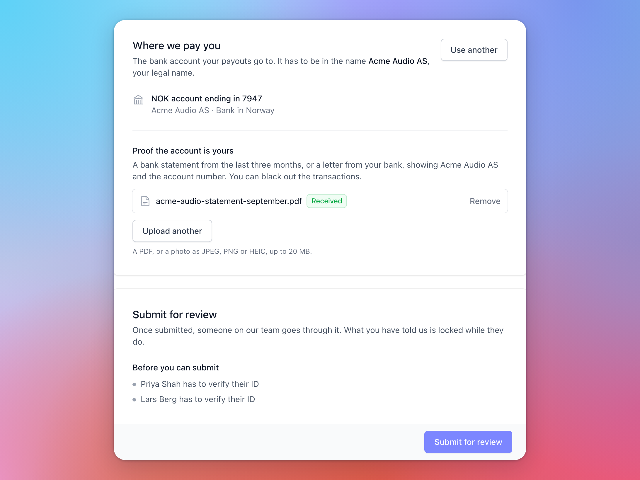 Where we pay you, with a NOK account in the name Acme Audio AS and a bank statement received, and the Submit for review card listing the two ID checks still to do