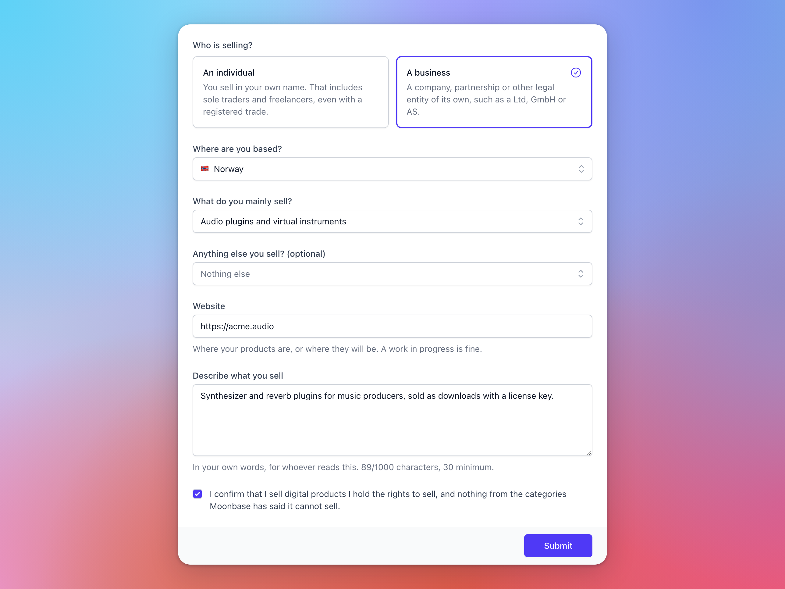 The first verification step, asking who is selling (an individual or a business), where you are based and what you mainly sell