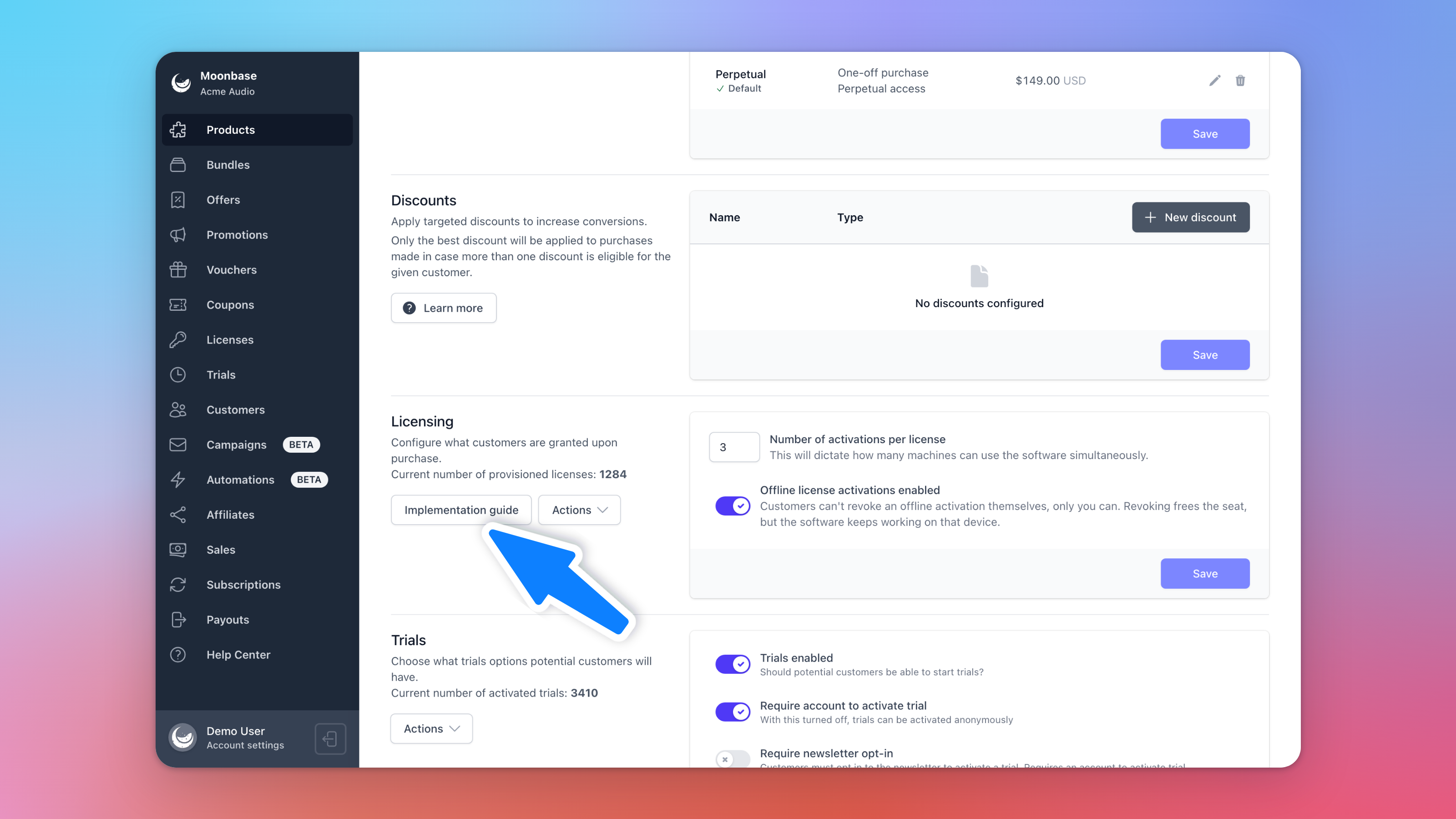 A product page scrolled to the Licensing section, with an arrow pointing at the Implementation guide button