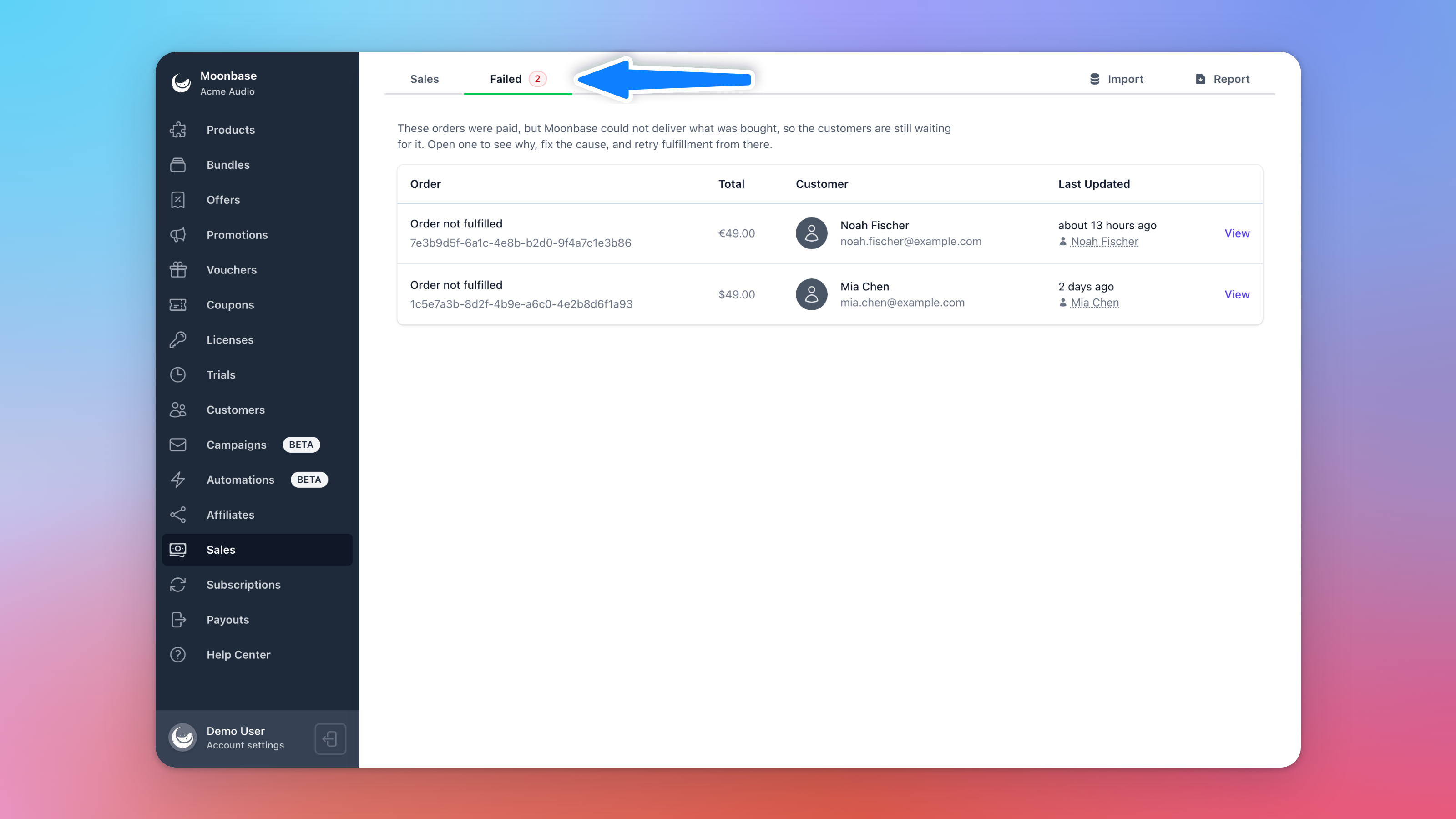 The Sales page with the Failed tab open, listing two paid orders that were not fulfilled