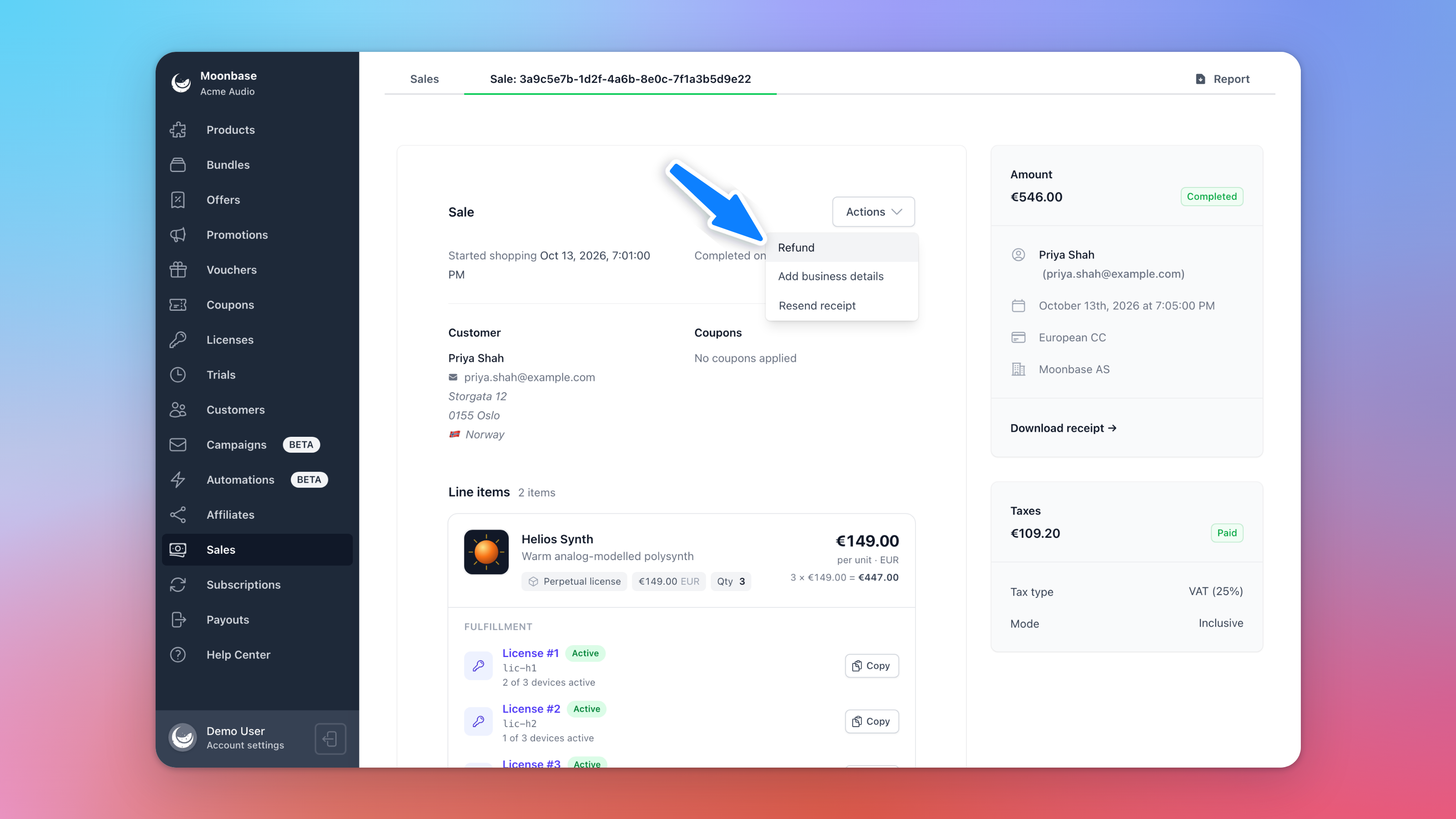 An order page with the Actions menu open, showing Refund, Add business details and Resend receipt