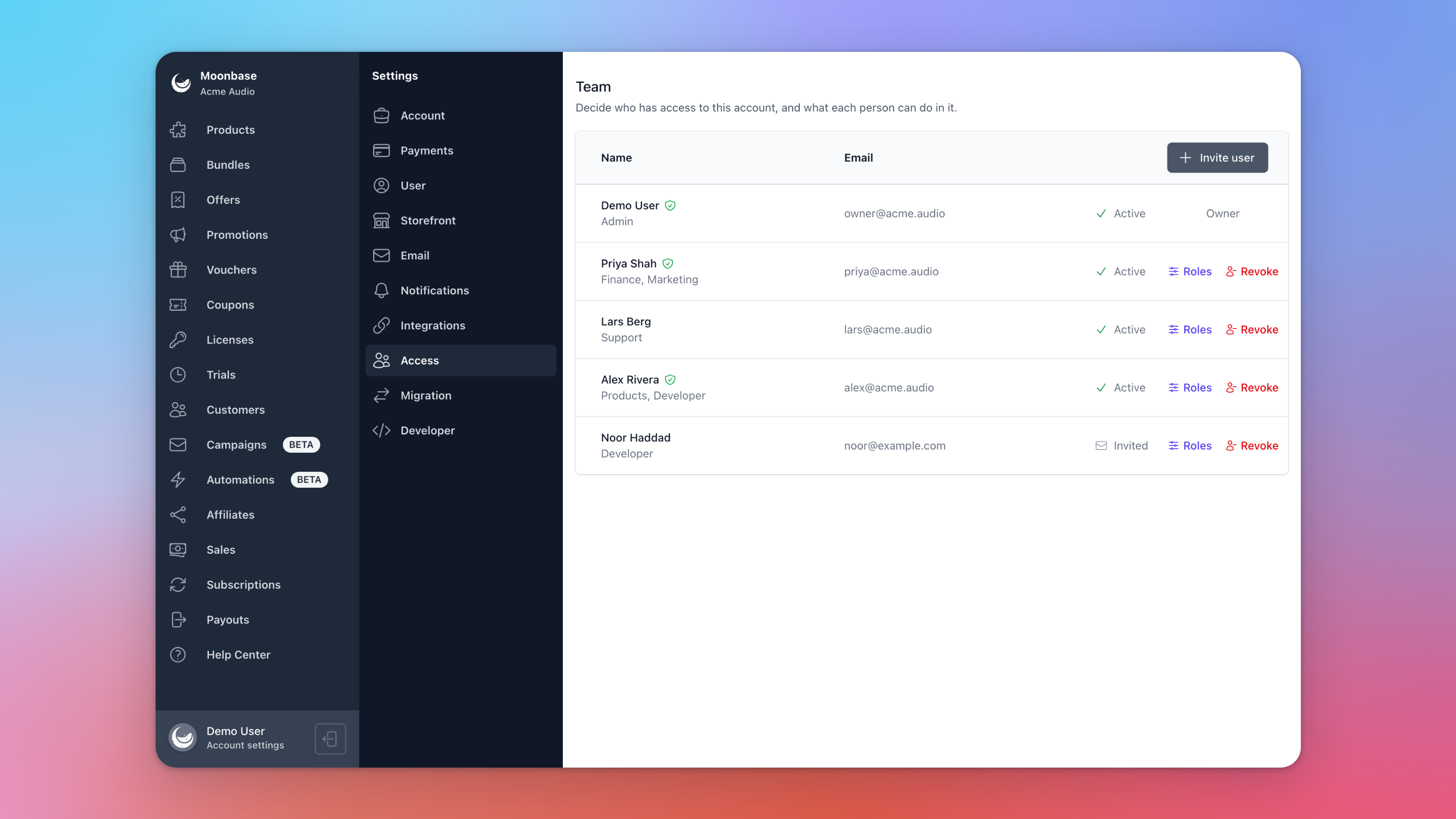 The Team list under Account settings > Access, with each person's roles and status, Invite user at the top, and Roles and Revoke on each row