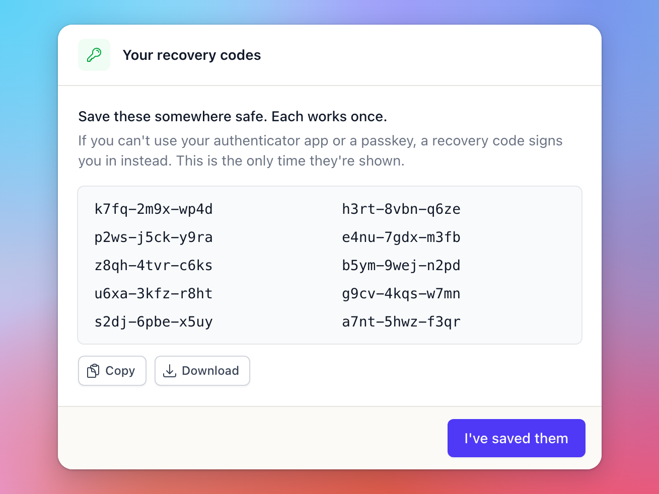 The Your recovery codes dialog with ten one-time codes, Copy and Download, and I've saved them