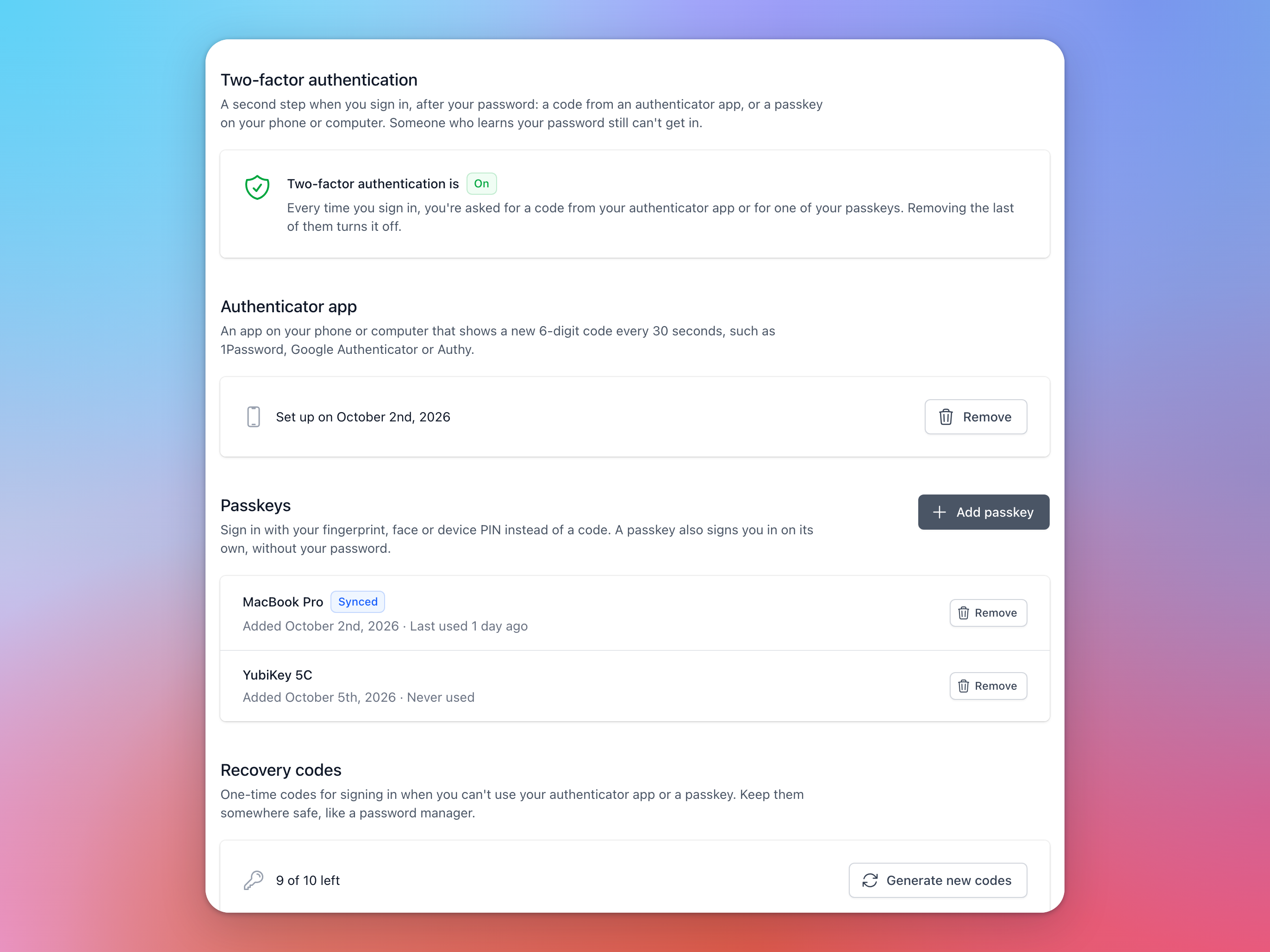The two-factor settings under Account settings > User: two-factor authentication on, an authenticator app, two passkeys, and 9 of 10 recovery codes left