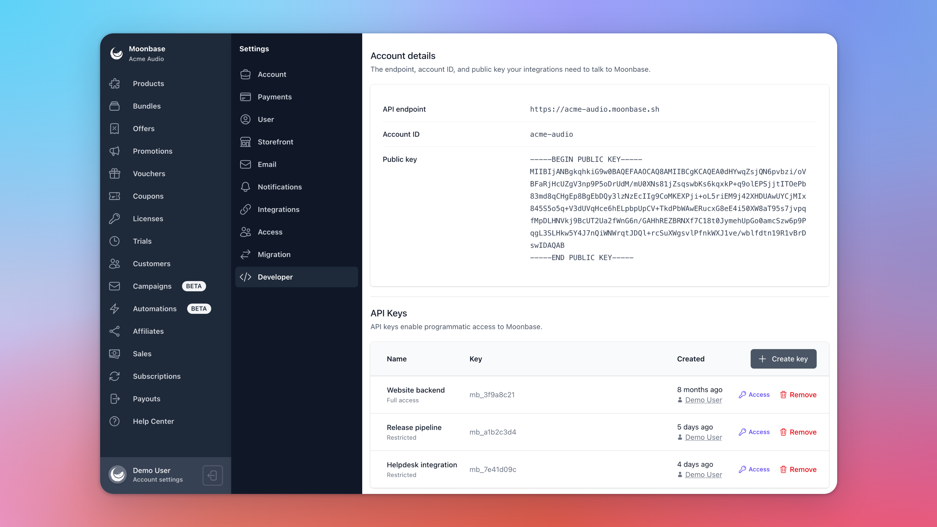 Account settings > Developer, with the API endpoint, Account ID and public key under Account details, and the API Keys list below