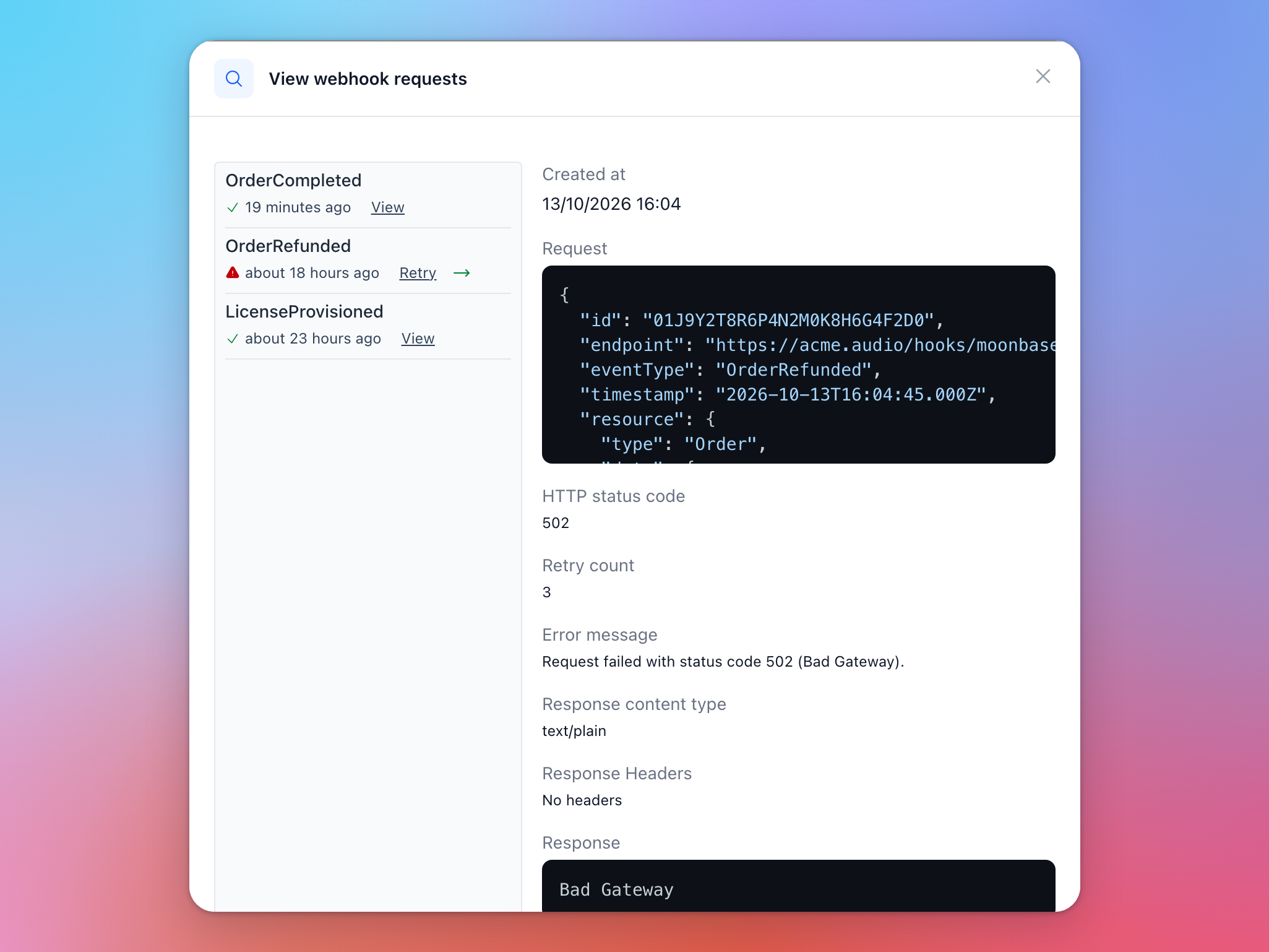 The webhook requests log with one failed delivery and its Retry link, showing the request sent and the endpoint's 502 response