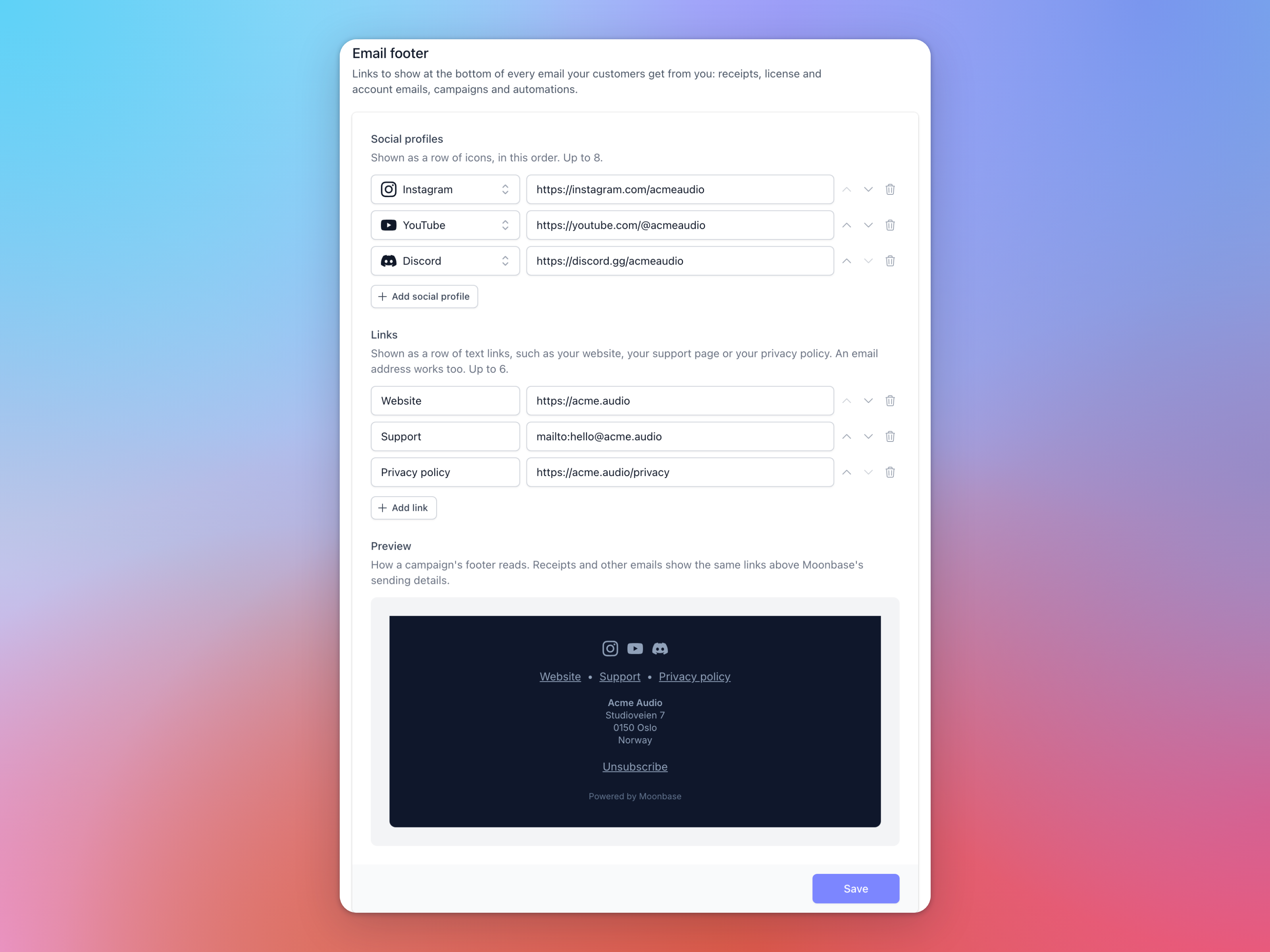 The Email footer section with three social profiles, three links and a preview of the footer