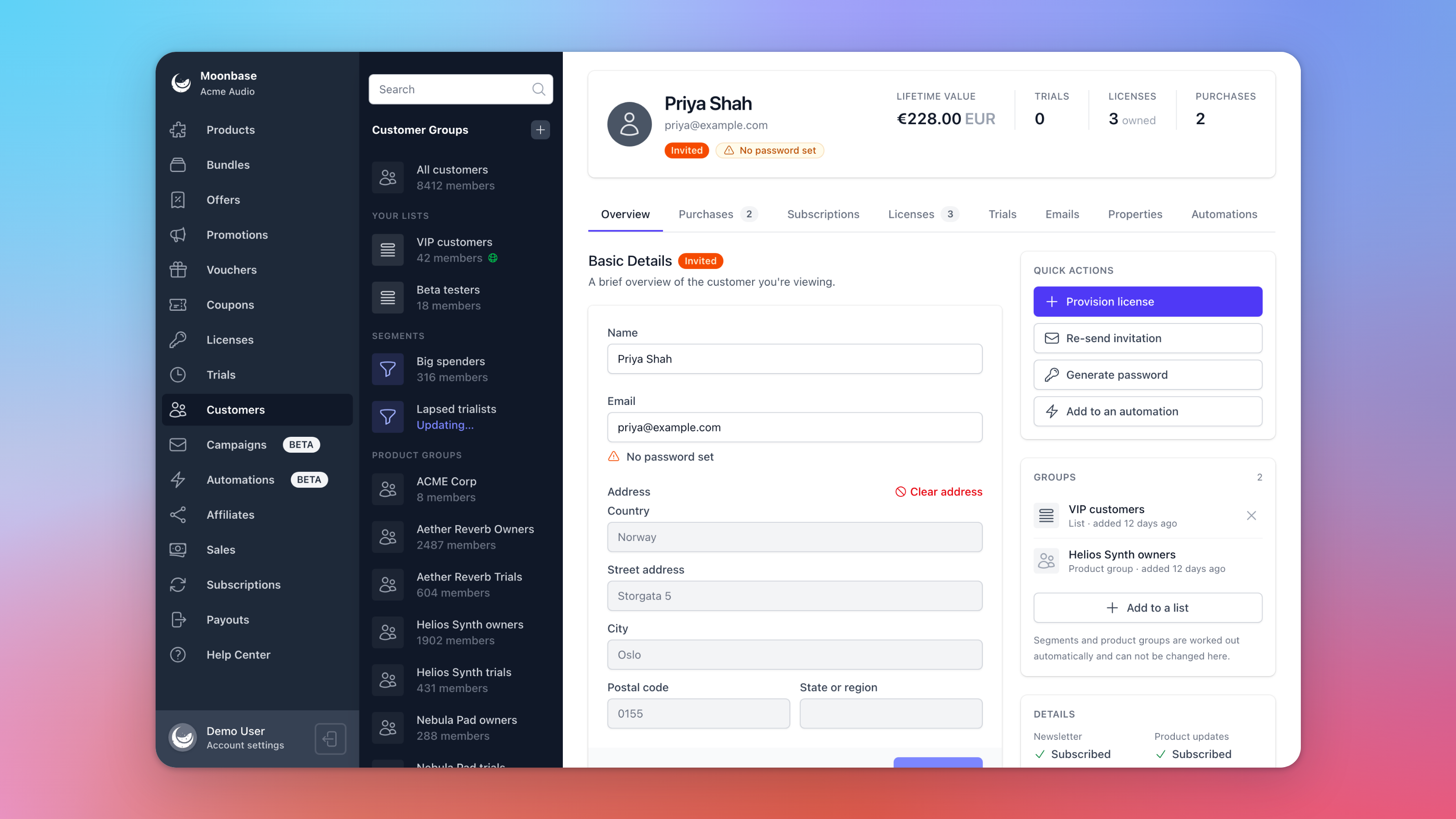A customer page for Priya Shah with the Overview tab open: Basic Details on the left, and Quick actions, Groups and Details on the right