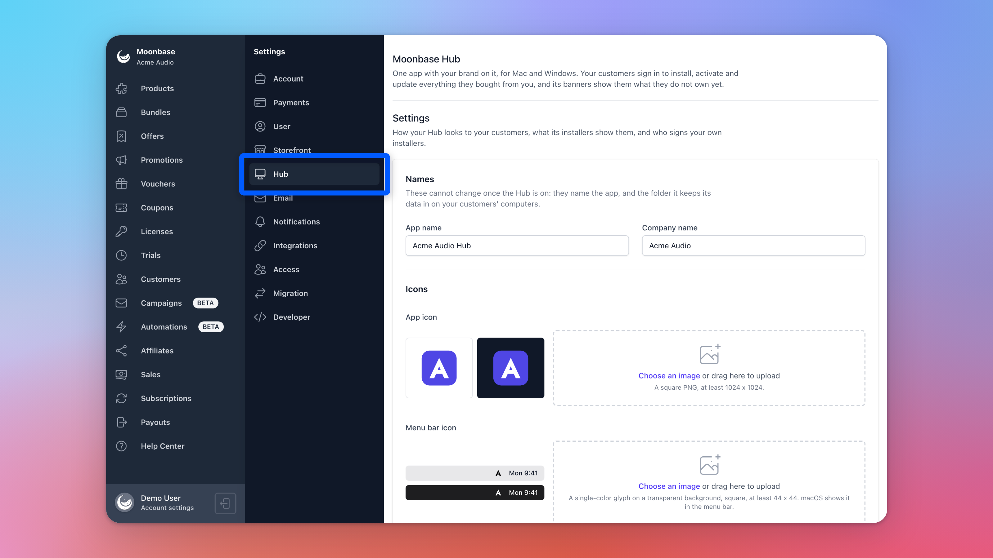 Account settings > Hub for Acme Audio, with the app name Acme Audio Hub, the company name Acme Audio, and the app and menu bar icons previewed in light and dark
