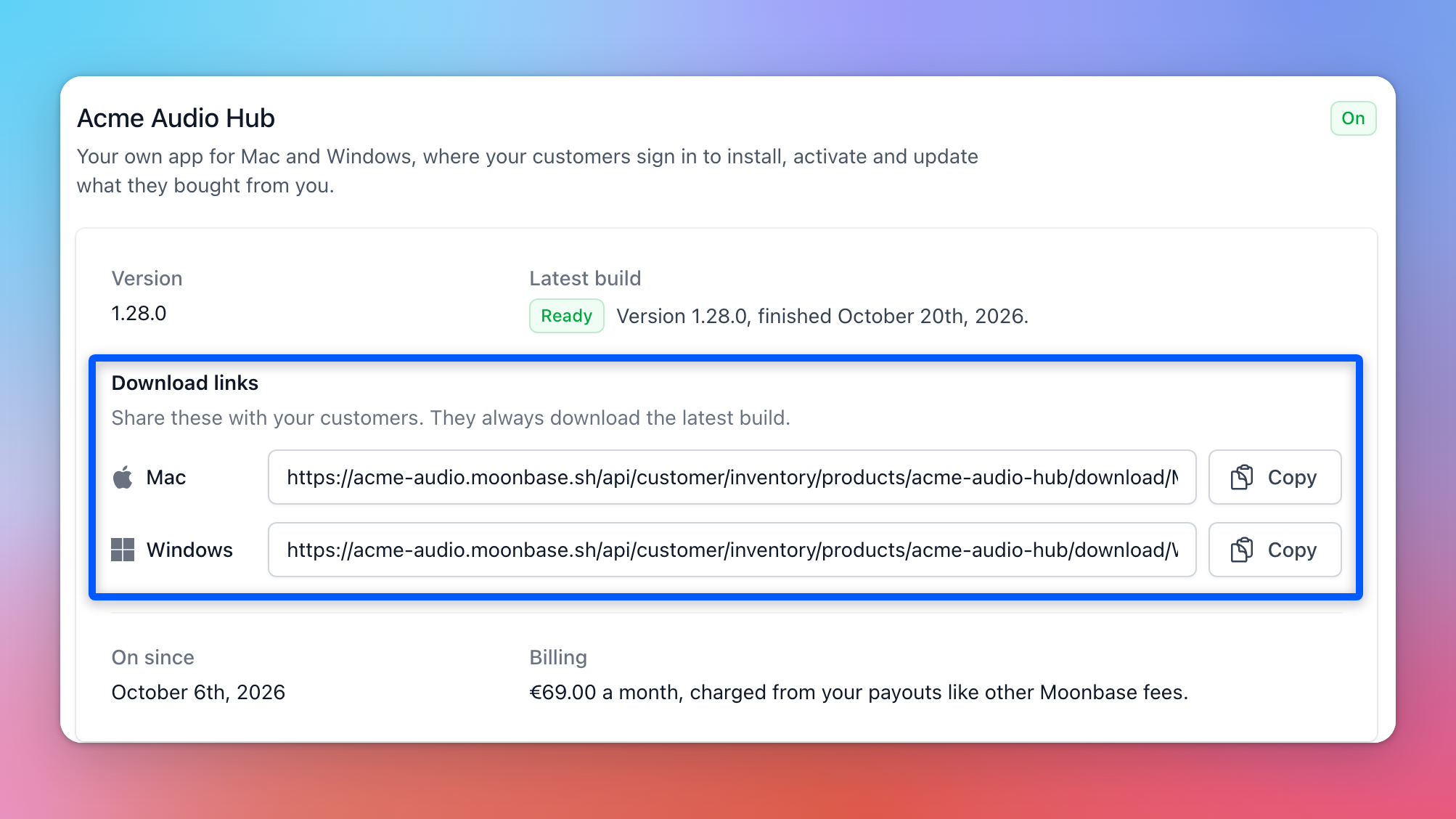 The Hub page once the Hub is on: version 1.28.0 ready, and Download links for Mac and Windows with a Copy button each