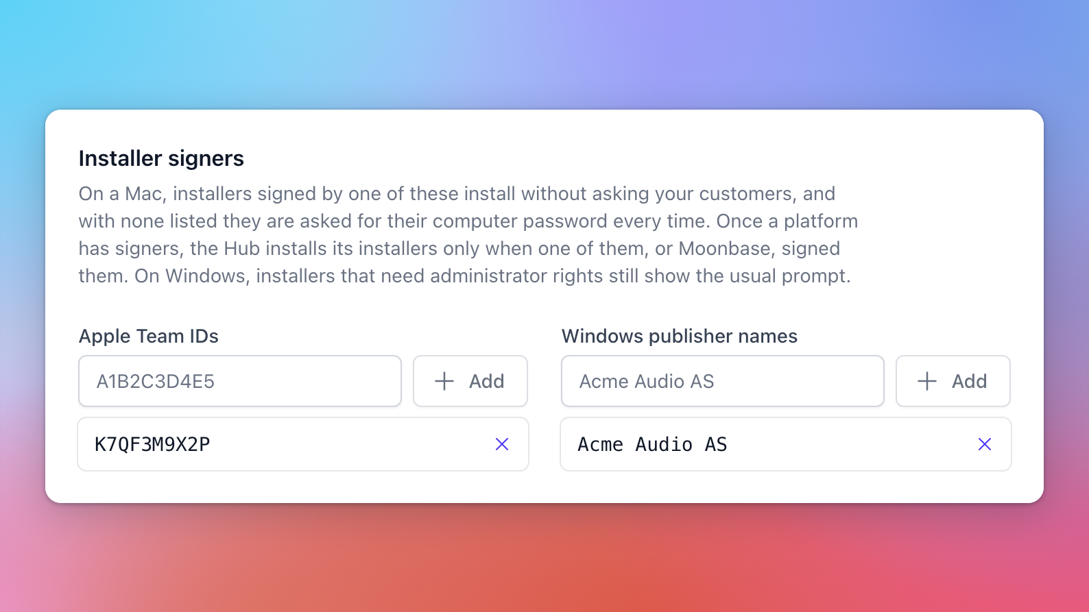Installer signers with the Apple Team ID K7QF3M9X2P and the Windows publisher name Acme Audio AS