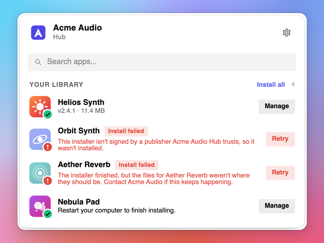 Acme Audio's Hub with two products whose install failed, one with an installer the Hub doesn't trust and one whose files weren't found, and a third asking for a restart