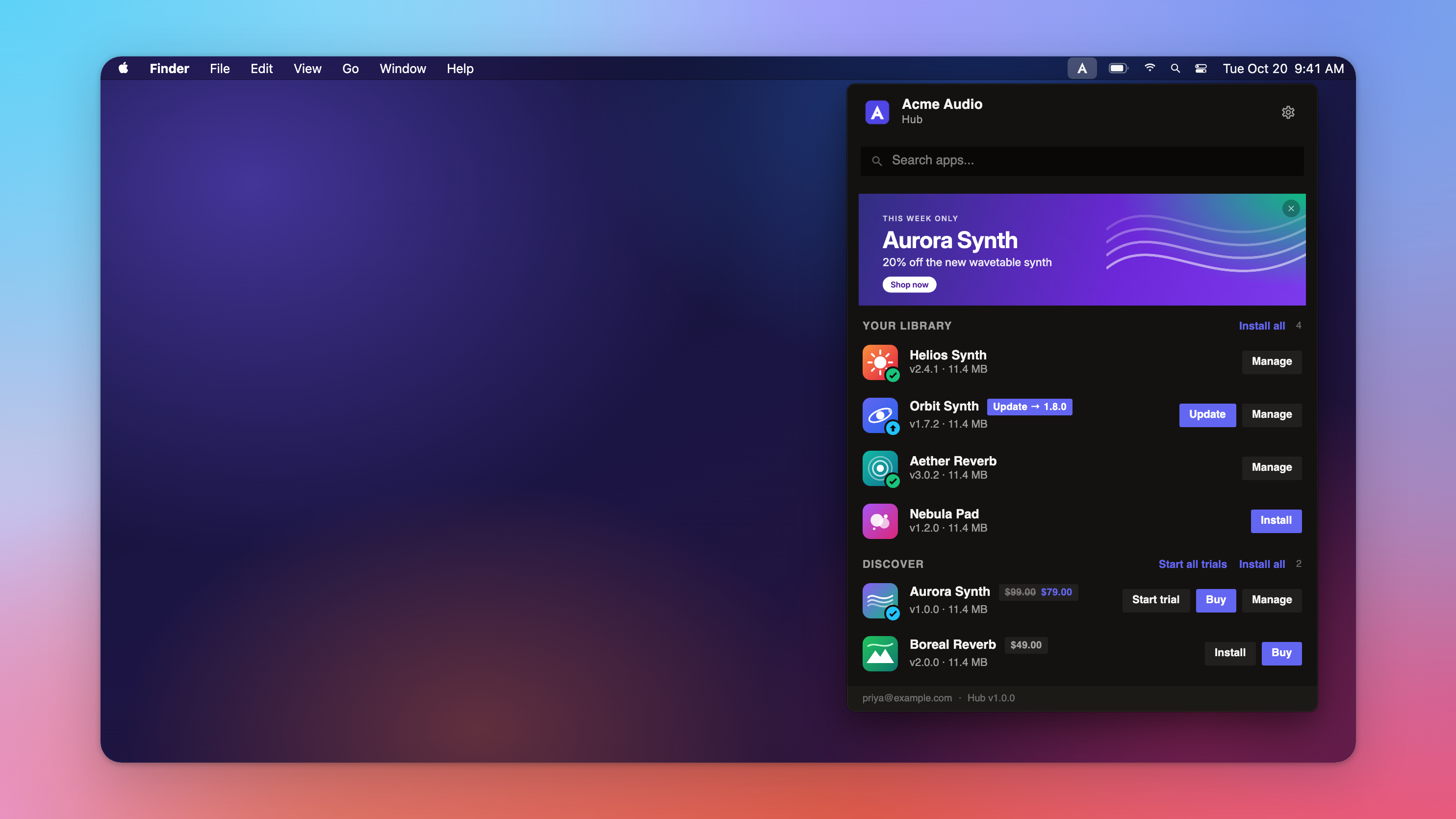 Acme Audio's Hub open from its icon in the macOS menu bar, in dark mode: a banner for a sale, the customer's library with Update, Install and Manage, and Discover with prices, Start trial and Buy