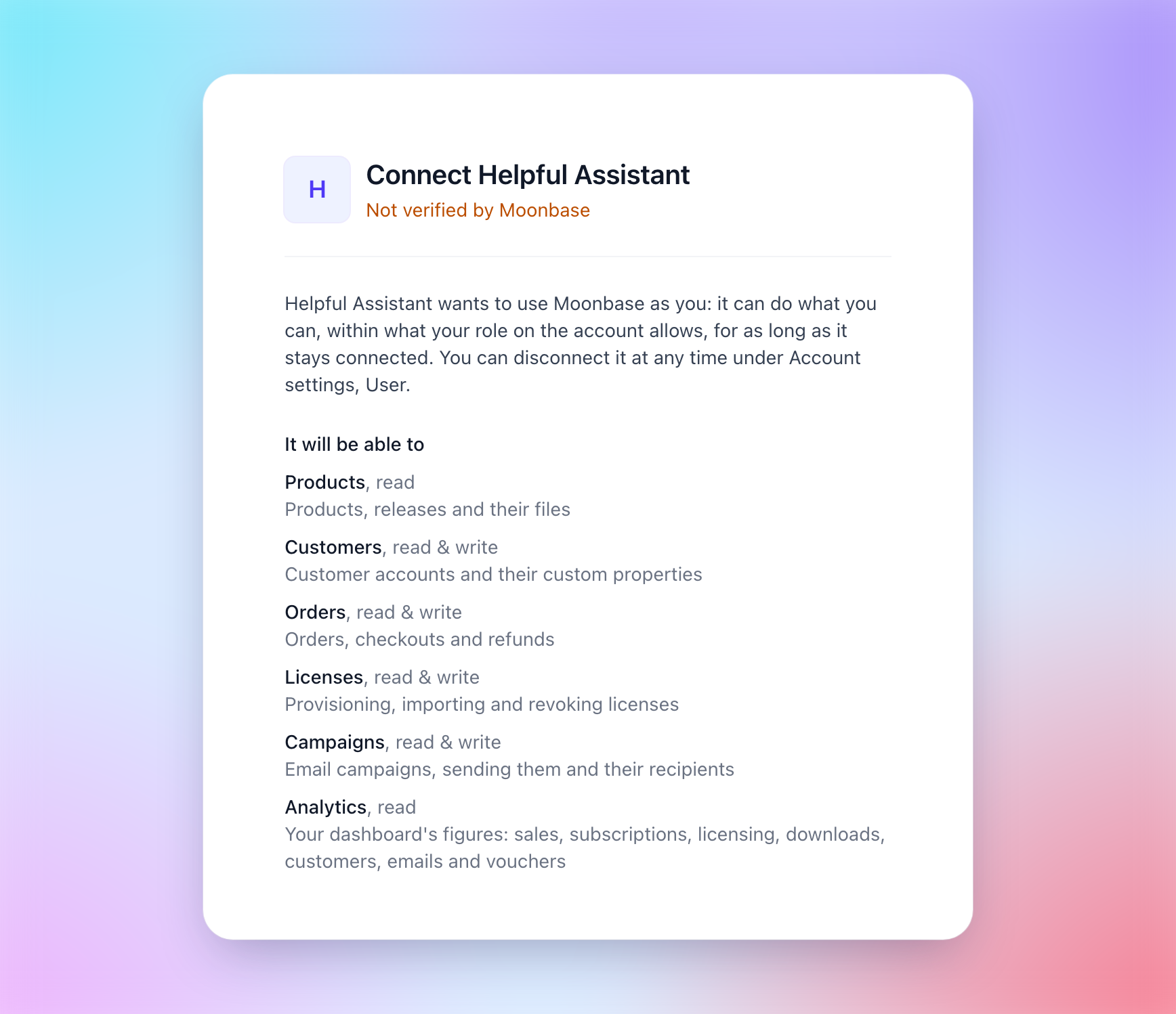 The page an assistant opens to connect, with what it will be able to do in the account