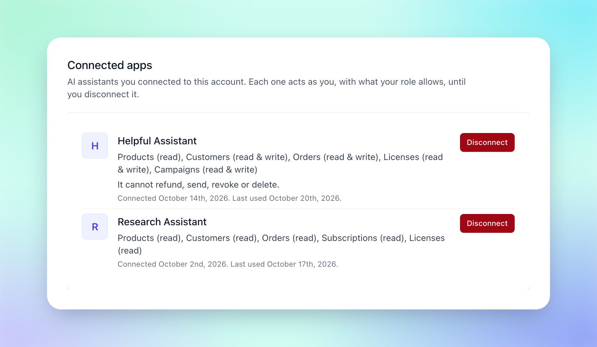 Connected apps under Account settings > User, with Disconnect on each assistant
